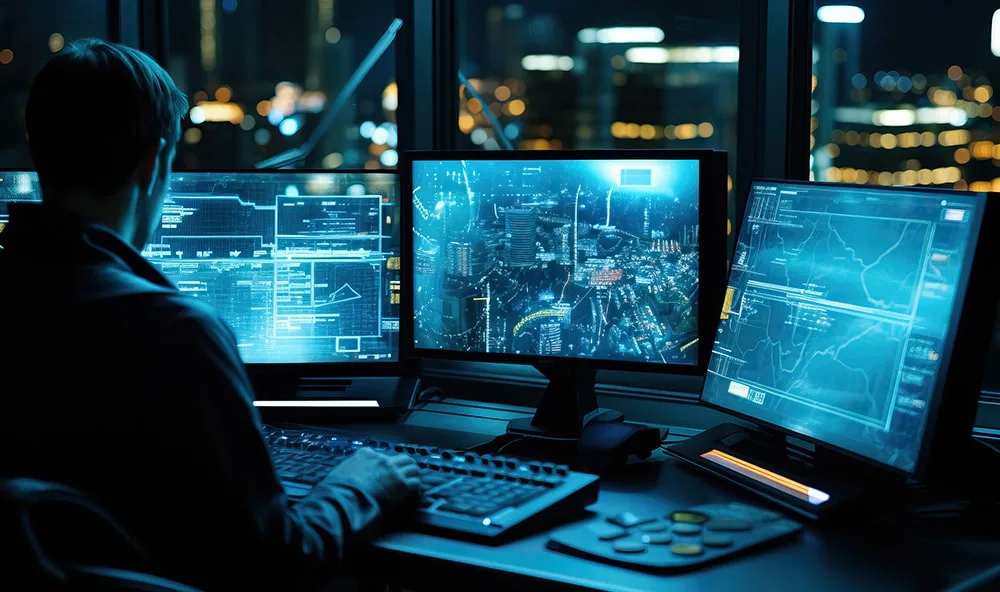a person sitting at a desk with multiple computer screens